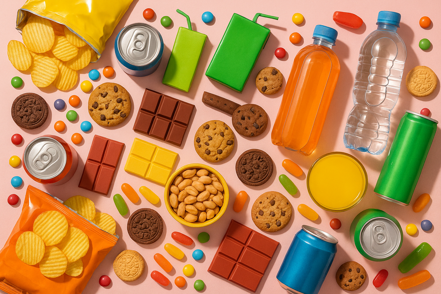 snacks drinks pink background